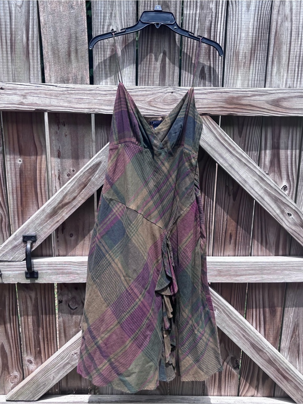 American Living Plaid V-Neck Midi Dress in Olive and Plum